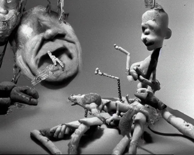 Image similar to still from a full - color 1 9 9 3 surreal creepy live - action stop - motion puppetry film by fred stuhr in the style of a tool music - video, involving nails and soap.