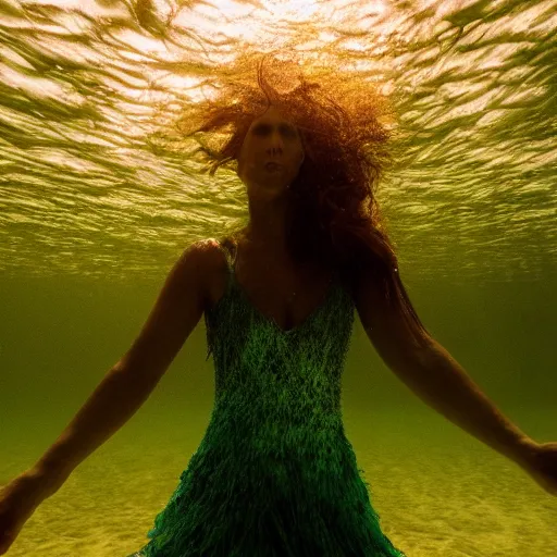 Prompt: woman dancing underwater wearing a dress made of seaweed that is flowing in the current, lighting with caustics from sunlight, cinematic, photorealistic