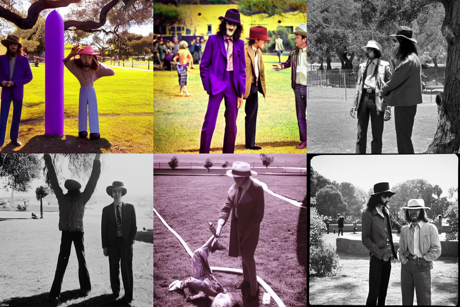 Prompt: Odd lanky fellow made out of purple and yellow sunlight confronts a long haired man wearing a fedora at a park in the southern San Francisco Bay Area, circa may 1973