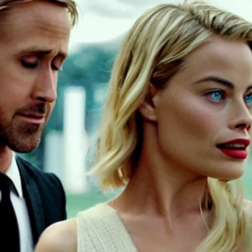 Prompt: still of ryan gosling and margot robbie, in a muet movie