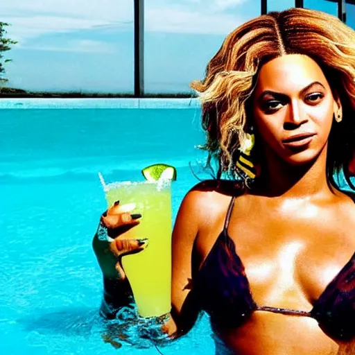 Prompt: Beyoncé being cute in a pool holding a margarita