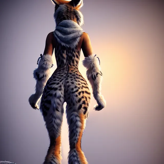 Image similar to the full body of anthropomorphic lynx fursona from behind wearing a steampunk suit as unimaginably beautiful, gorgeous, elegant, young woman with lynx head, an ultrafine hyperdetailed illustration by furaffinity, intricate linework, white fur, unreal engine 5 highly rendered, global illumination, radiant light, detailed and intricate environment