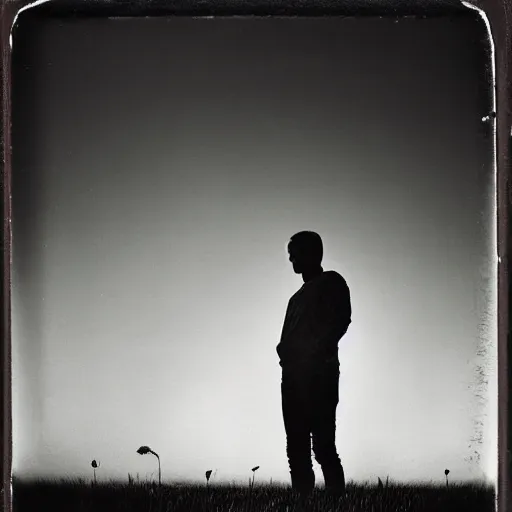 Prompt: A wet-collodion photograph of a man standing in a field of wheat, high contrast, sunset, shallow depth of field