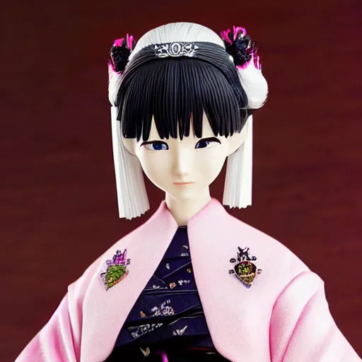 Prompt: a japanese princess young lady, with white hair and bangs!!!! beauty, anime action figure, well lit, studio light, painted action figure, toy advertisement