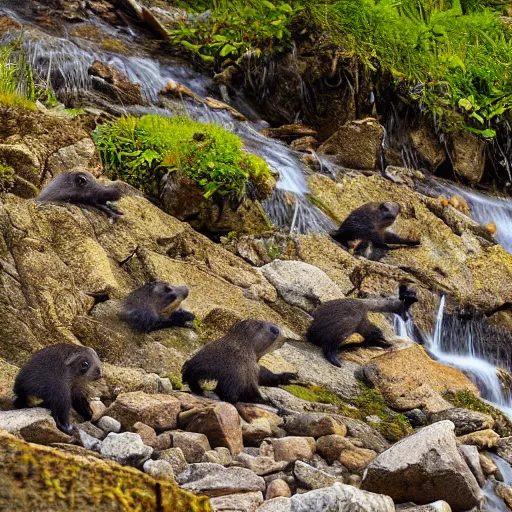 Prompt: a group of marmots playing in a mountain stream by killian eng