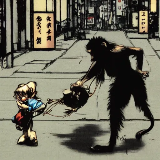 Image similar to a tight shot of a monkey dragging a doll in the street in Japan by Yoji Shinkawa and Ashley Wood, rule of thirds