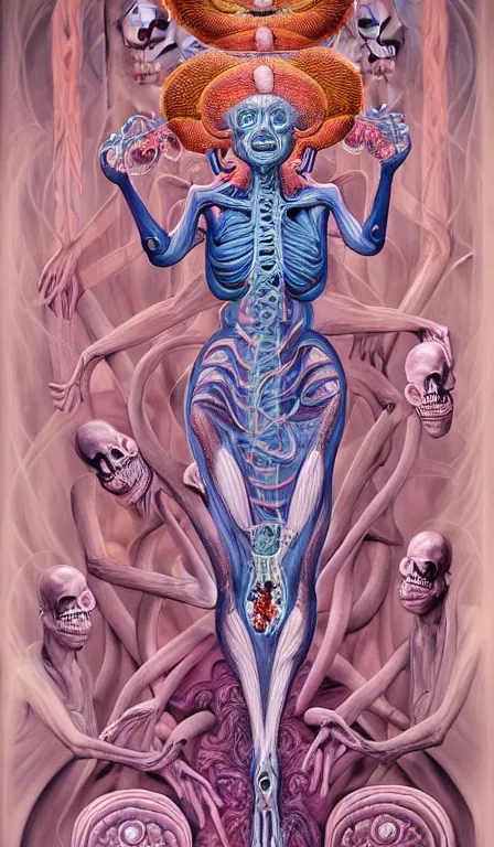 Image similar to a biomorphic painting of the high priestess tarot card, a anatomical medical illustration by nychos and alex grey, cgsociety, neo - figurative, pastel blues and pinks, detailed painting, rococo, oil on canvas, lovecraftian