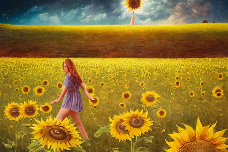 Image similar to giant sunflower as a head, girl walking in wheat field, hills, surreal photography, dark night, star trails, dramatic light, impressionist painting, clouds, digital painting, artstation, simon stalenhag