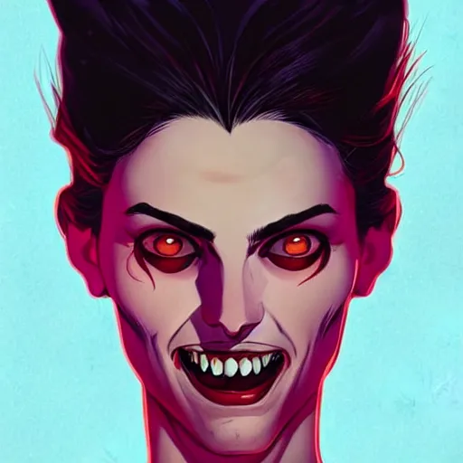 Image similar to Rafeal Albuquerque comic art, Joshua Middleton comic art, American Vampire comic art, pretty Phoebe Tonkin vampire open mouth smile sharp teeth, fully red eyes no pupils, horror, symmetrical face, symmetrical eyes, pretty white dress, short black hair, full body:: snow outside::