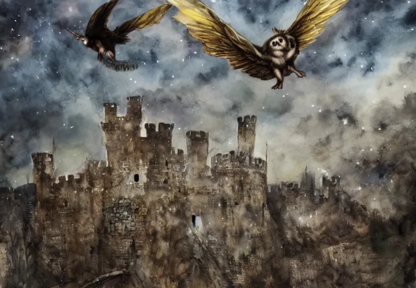 Image similar to Threatening winged possum flying over a medieval castle under a dark starred sky, dark fantasy, watercolor, dreaming illusion, highly detailed, 4k, trending on Artstation, award-winning