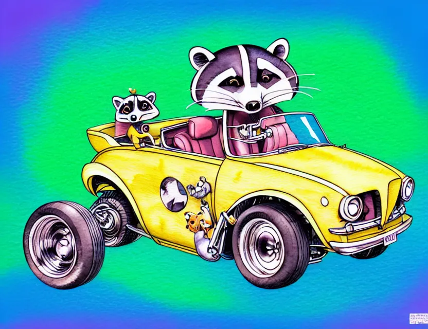 Image similar to cute and funny, racoon riding in a tiny hot rod with oversized engine, ratfink style by ed roth, centered award winning watercolor pen illustration, isometric illustration by chihiro iwasaki, edited by range murata, tiny details by artgerm and watercolor girl, symmetrically isometrically centered