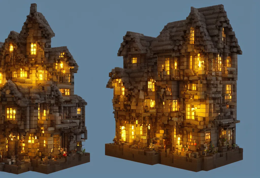 Image similar to magicavoxel house, magicavoxel cinematic lighting, 4k