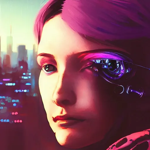 Image similar to molly millions, closeup portrait of a young beautiful cyberpunk woman, mirror eye implants, black hair in a rough shag, sunset, neuromancer, street samurai, cyberpunk city background, megacity, gorgeous view, depth, painted by seb mckinnon, high detail, digital art, painted by greg rutkowski, trending on artstation