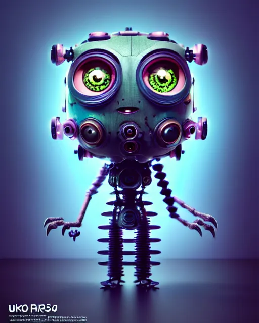 Prompt: a tiny cute cyberpunk monster with cogs rods bolts big eyes smiling waving, back view, isometric 3 d, ultra hd, character design by mark ryden pixar hayao miyazaki, unreal 5, daz, hyperrealistic, octane render, cosplay, rpg portrait, dynamic lighting, intricate detail, summer vibrancy, cinematic, symmetrically isometrically centered