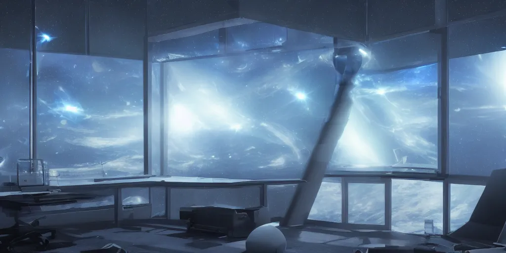 Prompt: photo realistic of a study, overlooking a space battle out a window, blue and black volumetric lighting