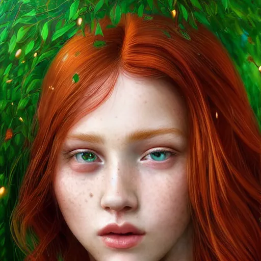 Image similar to a highly detailed, hyper realistic, red haired young woman, among golden fireflies, with long hair, green eyes, hint of freckles, round gentle face, tilted head, cheeky smile, deep focus, elegant, digital painting, smooth, sharp focus, golden ratio, illustration, ultra realistic, 8 k, art by artgerm and caravaggio