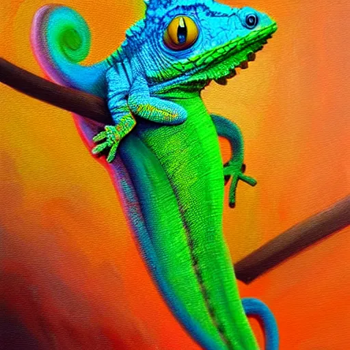 Image similar to cute chameleon colorful luminescent detailed oil painting 4 k