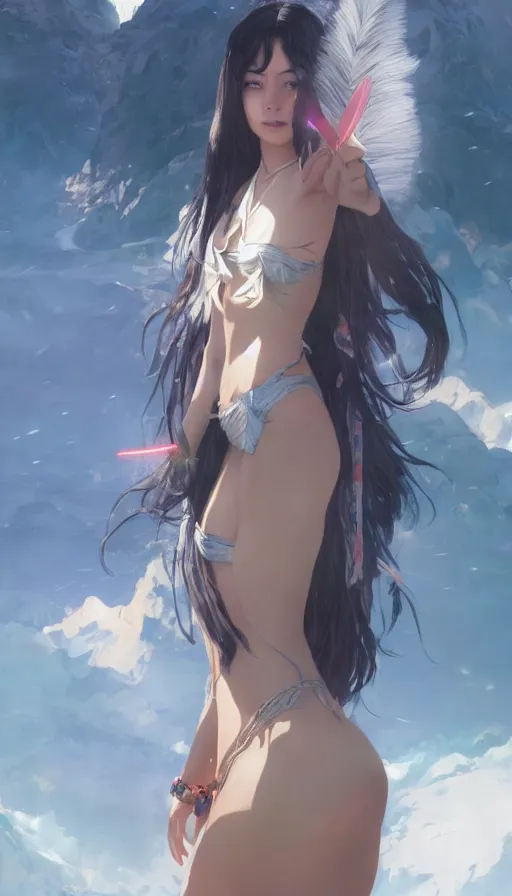 Image similar to beautiful himalayan woman with long silver hair, sci - fi summer bikini, matte, art by ilya kuvshinov and kyoto animation and ruan jia and greg rutkowski, studio quality, aniplex, masterpiece, dramatic warm light, oceanside