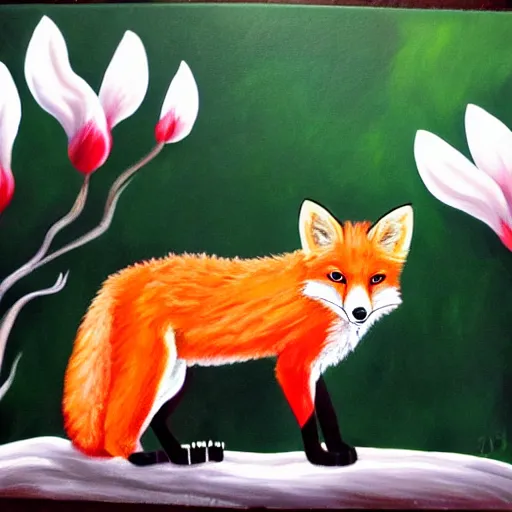 Prompt: painting of a cute red fox in the middle of a white magnolia forest