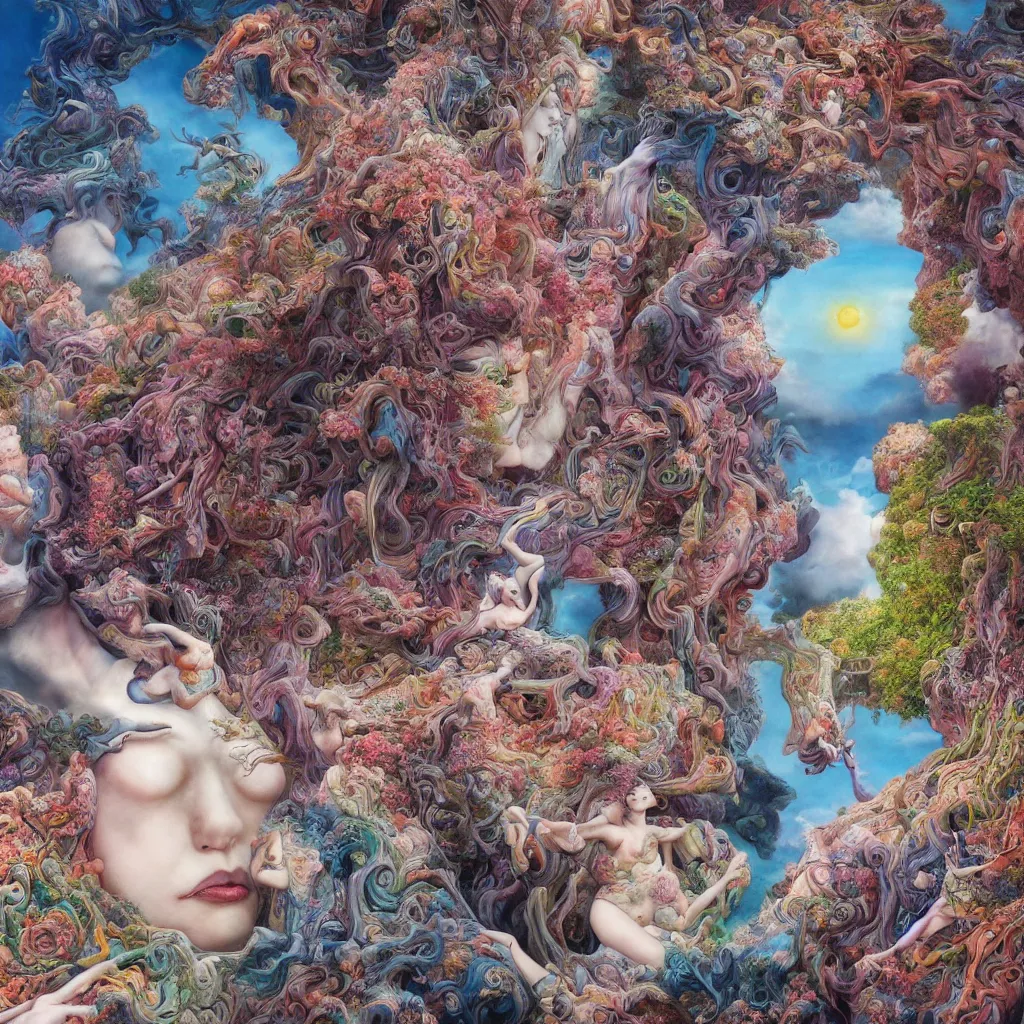 Prompt: ultrawide angle colour masterpiece surreal closeup portrait photography of gods playing on stage by miho hirano and annie leibovitz and michael cheval, weird surreal epic psychedelic complex biomorphic 3 d fractal landscape in background by kilian eng and roger dean and salvador dali and beksinski, 8 k
