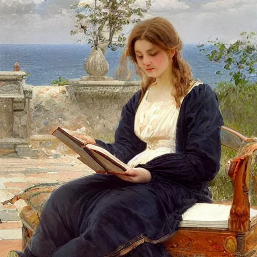Prompt: a girl reading book, hair flowing down, by Émile Eisman-Semenowsky