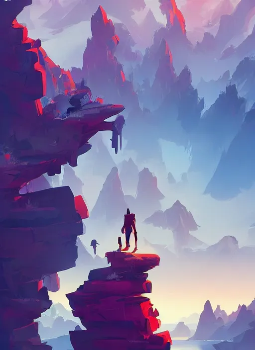 Image similar to man standing on top of a rock next to a river, a screenshot by anton fadeev, featured on polycount, fantasy art, 2 d game art, concept art, official art