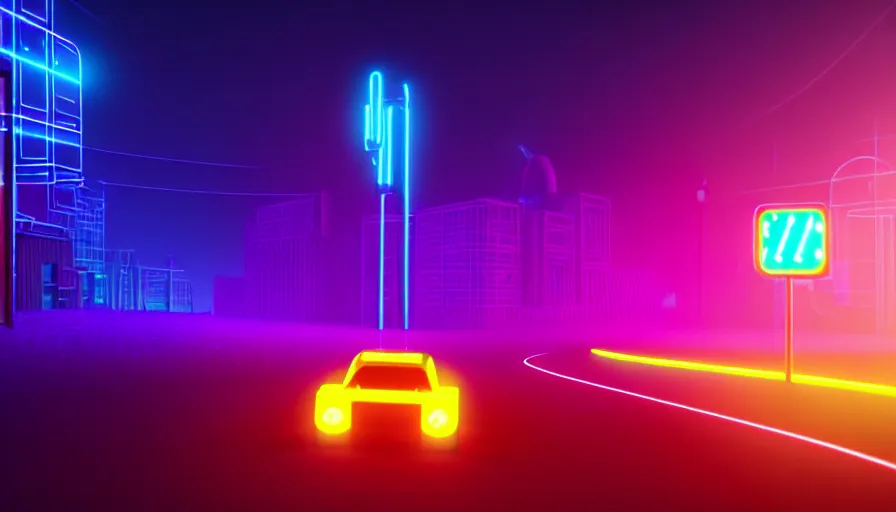 Image similar to luminescent lego car driving on a neon road into the distance with glowing cyberpunk signs leaving long glowing trails, dark magical forest, synthwave, octane render, purple fog, futuristic, sunset, purple rays, reflective mirror puddles, beautiful lighting, ultra realistic, highly detailed, 8 k