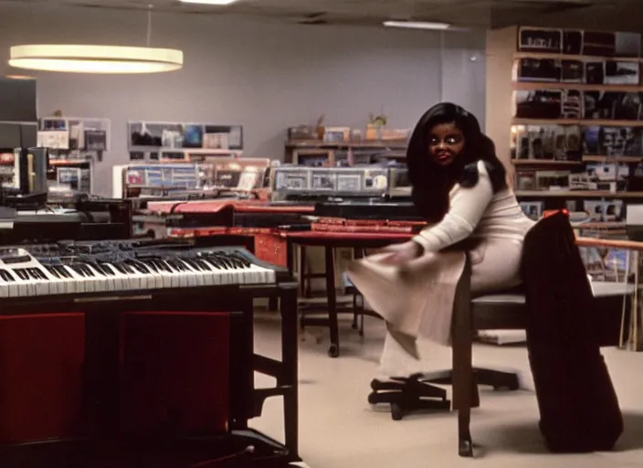 Image similar to cinematic shot of octavia spencer in an small used electronics store playing an old electronic keyboard, iconic scene from the paranoid thriller sci fi film directed by stanley kubrick, anamorphic cinematography, beautiful composition, color theory, leading lines, photorealistic, moody volumetric lighting