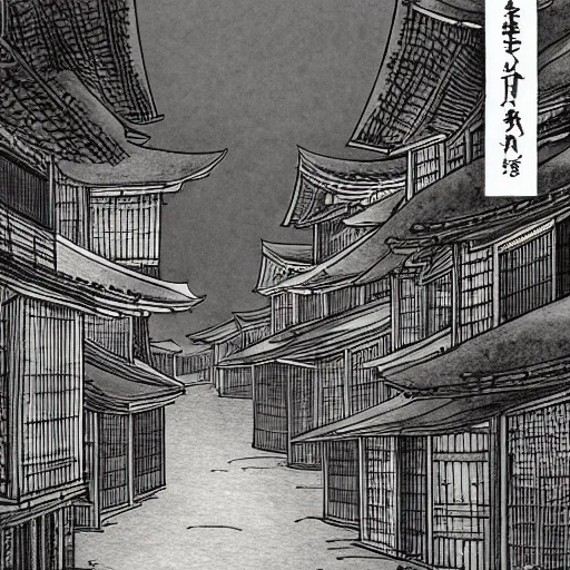 Image similar to a beautiful ink painting of buildings in japanese traditional style, in the style of hiroshi yoshida, at night, light effect, detailed, high - definition, exquisite isolated very detailed, moody lighting, 8 k highly detailed, trending on artstation