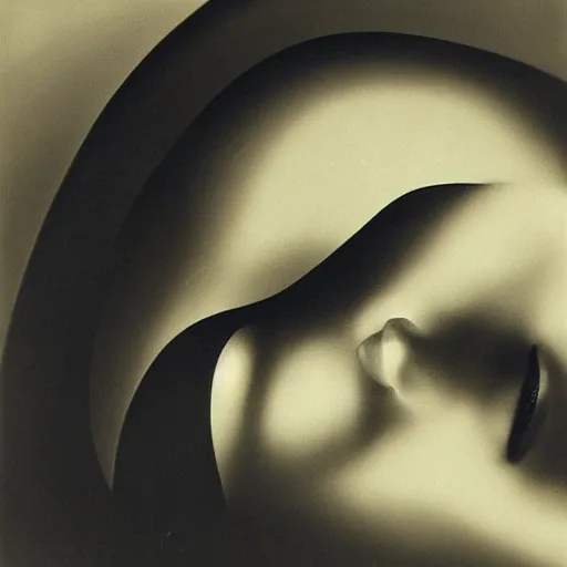 Prompt: Close-up portrait of a femme fatale. Face. Shadow and light. Abstract. Lines and geometry. Surrealist. Black and white. Side lighting. Golden ratio. Photography by Man Ray. 1930.