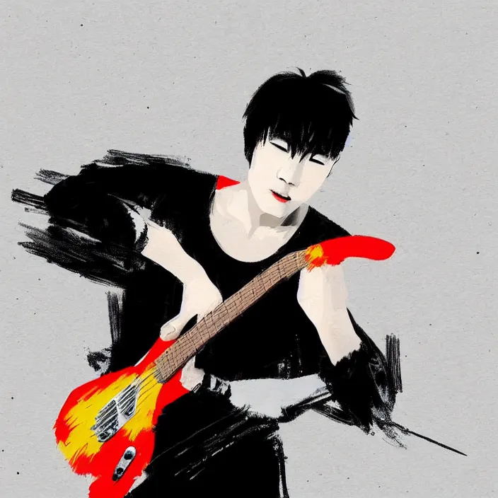 Image similar to a young korean male musician wearing black tank top holding a telecaster!!! electric guitar!! he is made of thick flowing dramatic brush strokes blowing away in strong wind, matte colors, abstract, impressionist, motion, trending on artstation