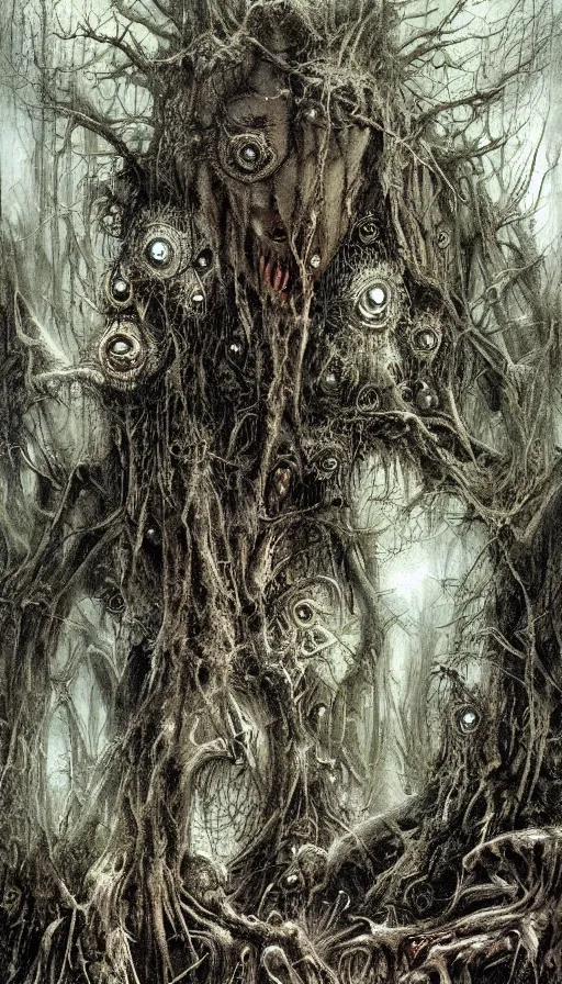 Image similar to a storm vortex made of many demonic eyes and teeth over a forest, by luis royo,