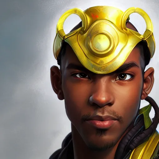 Image similar to closeup portrait of lucio from overwatch, d & d, fantasy, intricate, elegant, highly detailed, digital painting, artstation, concept art, matte, sharp focus, illustration, hearthstone, art by artgerm and greg rutkowski and alphonse mucha