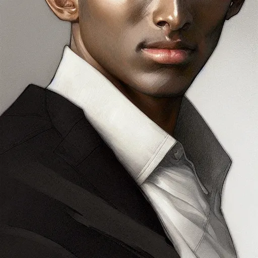 Image similar to ultra realistic illustration, young man with dark gray skin, short white hair, intricate, with dark clothes, elegant, highly detailed, digital painting, artstation, concept art, smooth, sharp focus, illustration, art by artgerm and greg rutkowski and alphonse mucha