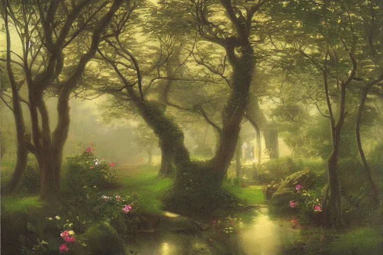 Prompt: secret garden, lush, floral, botanical, romanticism, dreamy, dark, moody, hudson river school