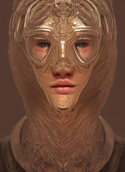 Prompt: beautiful portrait of deus ex machina, style of Feng Zhu, Artstation geometric, aesthetic, big eyes, smooth skin, unique features, symmetrical, intricate crown, volumetric lighting, streetwear, cyberpunk, detailed, octane render, cinematic, 8k, brown skin, retro sci fi film, Stanisław Szukalski + Moebius,