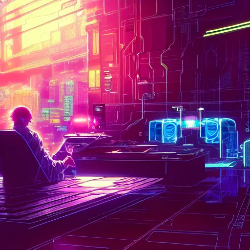 Image similar to a cyberpunk netrunner surrounded by a glowing computer interface, centered in the frame, cyberpunk concept art by Jean Giraud and josan gonzales, digital art, highly detailed, intricate, sci-fi, sharp focus, Trending on Artstation HQ, deviantart, 4K UHD image