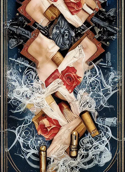 Image similar to tarot card :: horror :: hearts and roses :: aliens and sea :: cigarettes and smoke :: gold and silver :: guns and swords :: highly details :: intricate details :: Sandra Chevrier and bastien lecouffe deharme