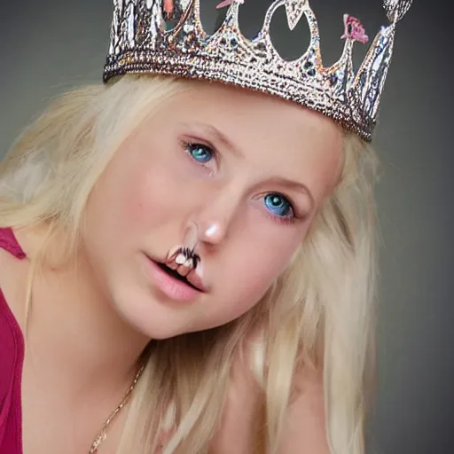 Image similar to photograph of teenage blonde girl with big chest wearing a princess crown and tank top