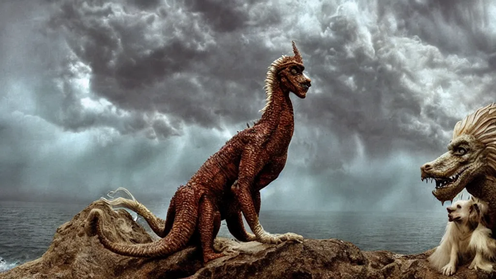 Image similar to falcor close - up, the long bodied luck dragon, looking for atreyu, looking down at the shoreline in a epic thunderstorm. the neverending story. cinematic still matte eighties hdri upscale rutkowski cinema still