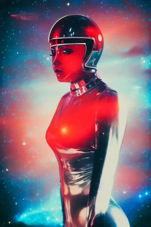 Prompt: analog polaroid portrait of a beautiful woman wearing a chrome space helmet, bright red lipstick, Hajime Sorayama, sheen, red reflections, unreal engine, azure sky, big clouds visible, sunlight, reflection, sparkles, space, stars, nebula, lensflare, film grain, depth of field, color bleed