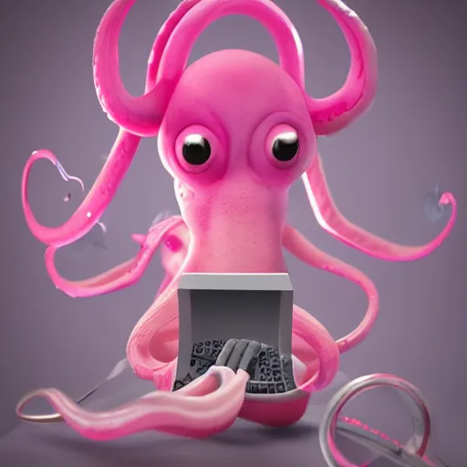 Image similar to a cute pink octopus playing videogames, digital art, trending on artstation, cgsociety, octane render, RPG portrait, dynamic lighting, hyperrealistic