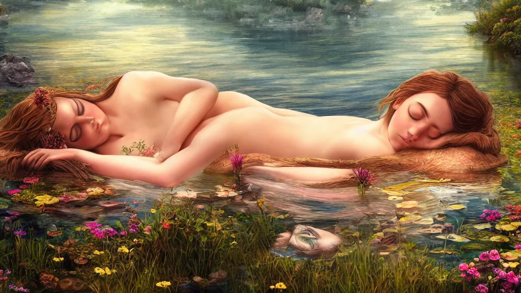 Image similar to prompt: one beautiful girl sleeping in the lake with shining face in high detailed 3d octane render, detailed realistic face, Ophelia painting inspired, intricate detailed oil painting, alchemical artifacts and hieroglyphs, magical items, gnarly paint marks