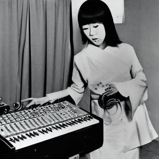 Prompt: 1 9 7 0 s photo of a female japanese musician playing a vintage modular synthesizer, hazy, faded