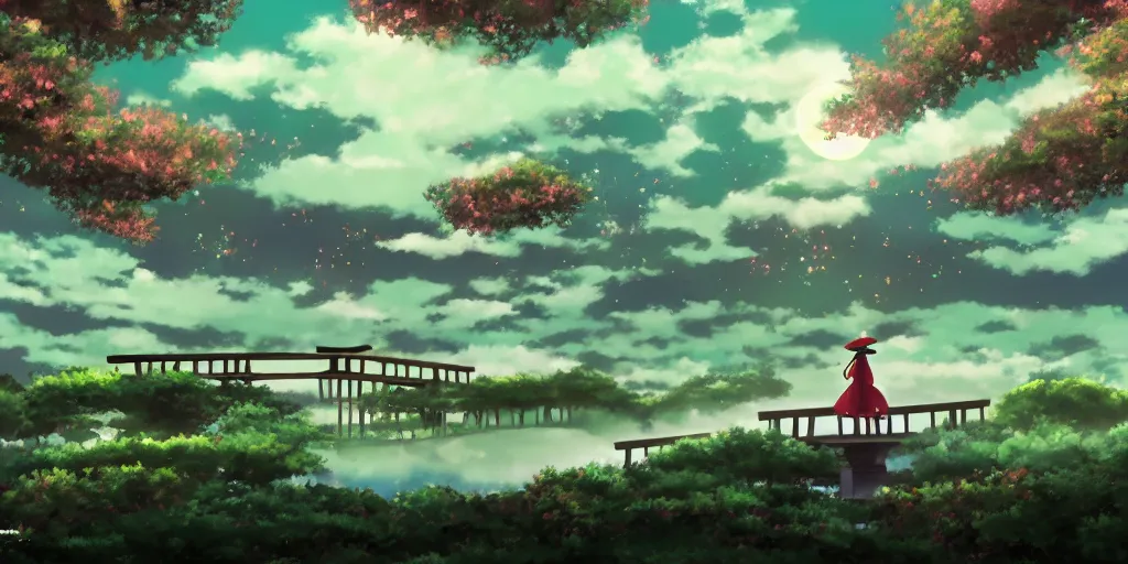 Prompt: touhou walking in a cloud pond forest, giant torii gate, dreamscape, cinematic, shooting stars, mirror reflection, midnight, moon, vibrant colors, anime illustration, award winning, by makoto shinkai, pixiv fanbox