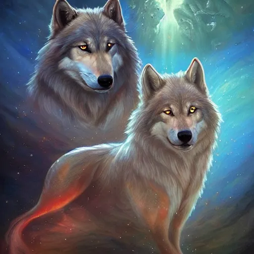 Image similar to enlightened pack of spirit wolves MICHAEL DIVINE and by AMANDA SAGE , trending on artstation