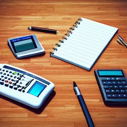 Image similar to cash register with a calculator on the right and a notepad on the left, 3 d art, 2 d art, 2 d realistic