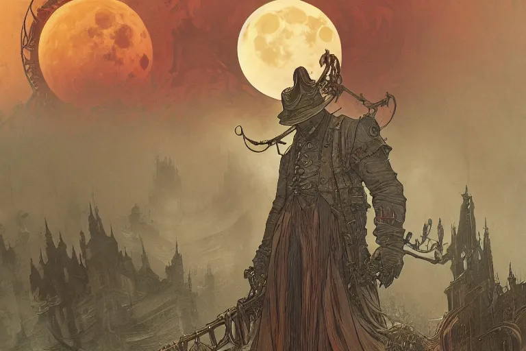 Image similar to an ultra detailed vector image of a big daddy in the style of bloodborne, concept art by alphonse mucha and greg rutkowski, scary shadows, blood moon eclipse, octane render, liminal space