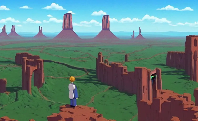 Prompt: a hyperrealist cell - shaded cartoon movie still from howl's moving castle ( 2 0 0 4 ) of a city in a flooded monument valley. rainforest stonehenge is seen in the background with shafts of sunlight from above. very dull muted colors, hd, 4 k, hq