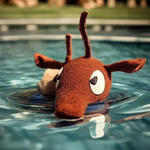 Prompt: a cute deer toy floating in a pool, trending on artstation, HDR